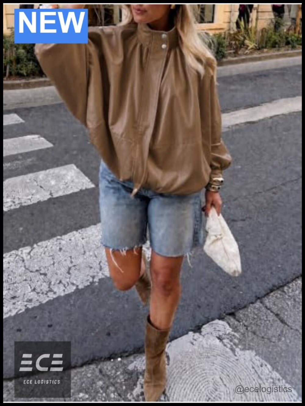 Faux Leather Bomber Jacket Long Sleeve Zip Fall Coat Puff Sleeve - Picture 4 of 6
